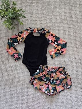 Volcom Girls Black Rashguard Set with Pink & Green Floral Sleeves